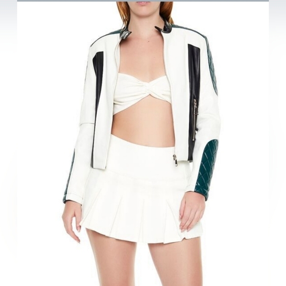 Color-block Vegan Leather Moto Jacket Black White Dark Green LARGE - Picture 2 of 13